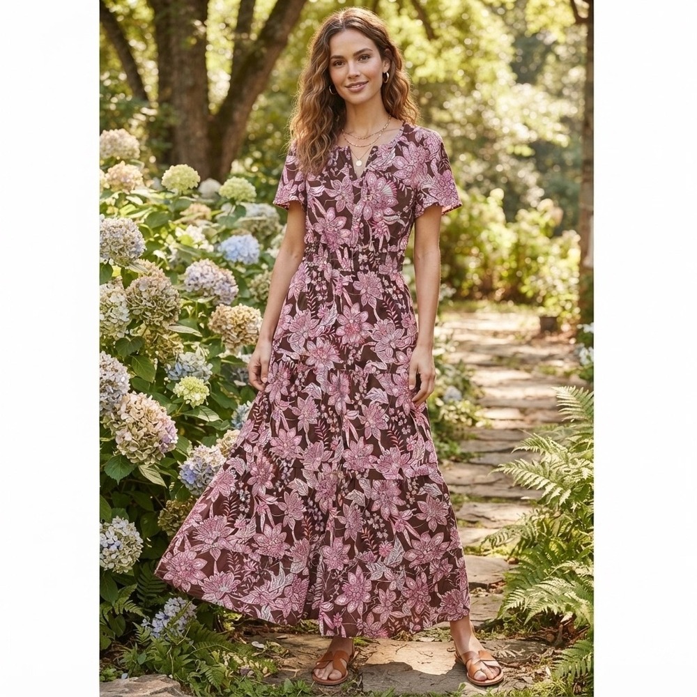 Cynthia Rowley Floral Maxi Dress Size S Brown Pink Tiered Boho V Neck Short Slee